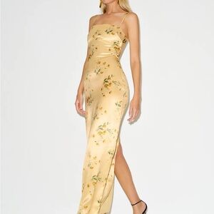 Reformation Yellow Floral Satin Slip Maxi Dress